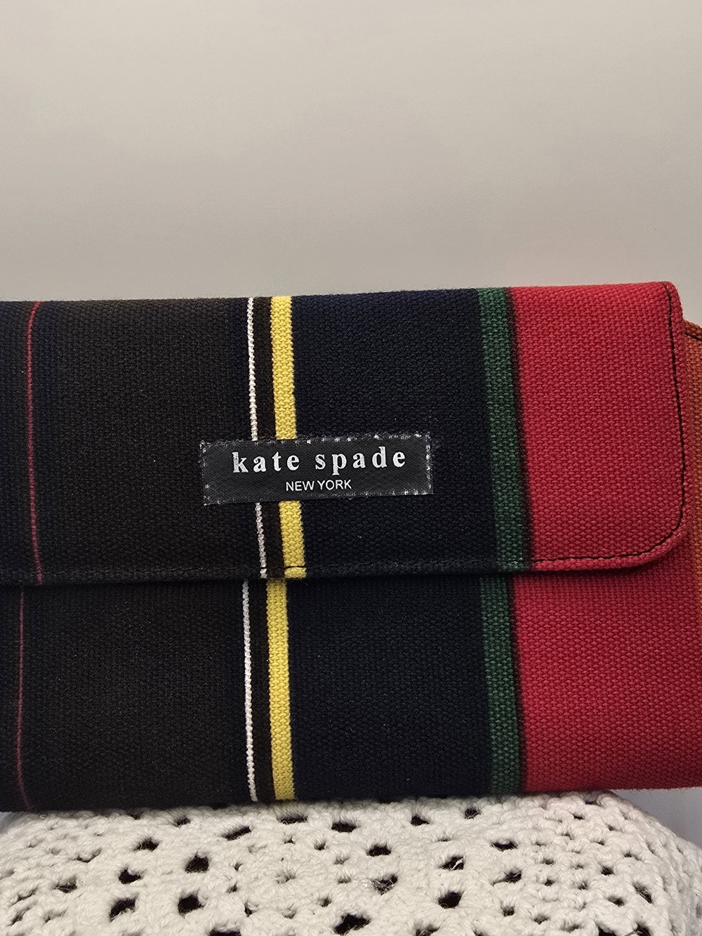 kate spade Canvas Fold-Over Clutch in Black, Red & Green with Yellow Stripe